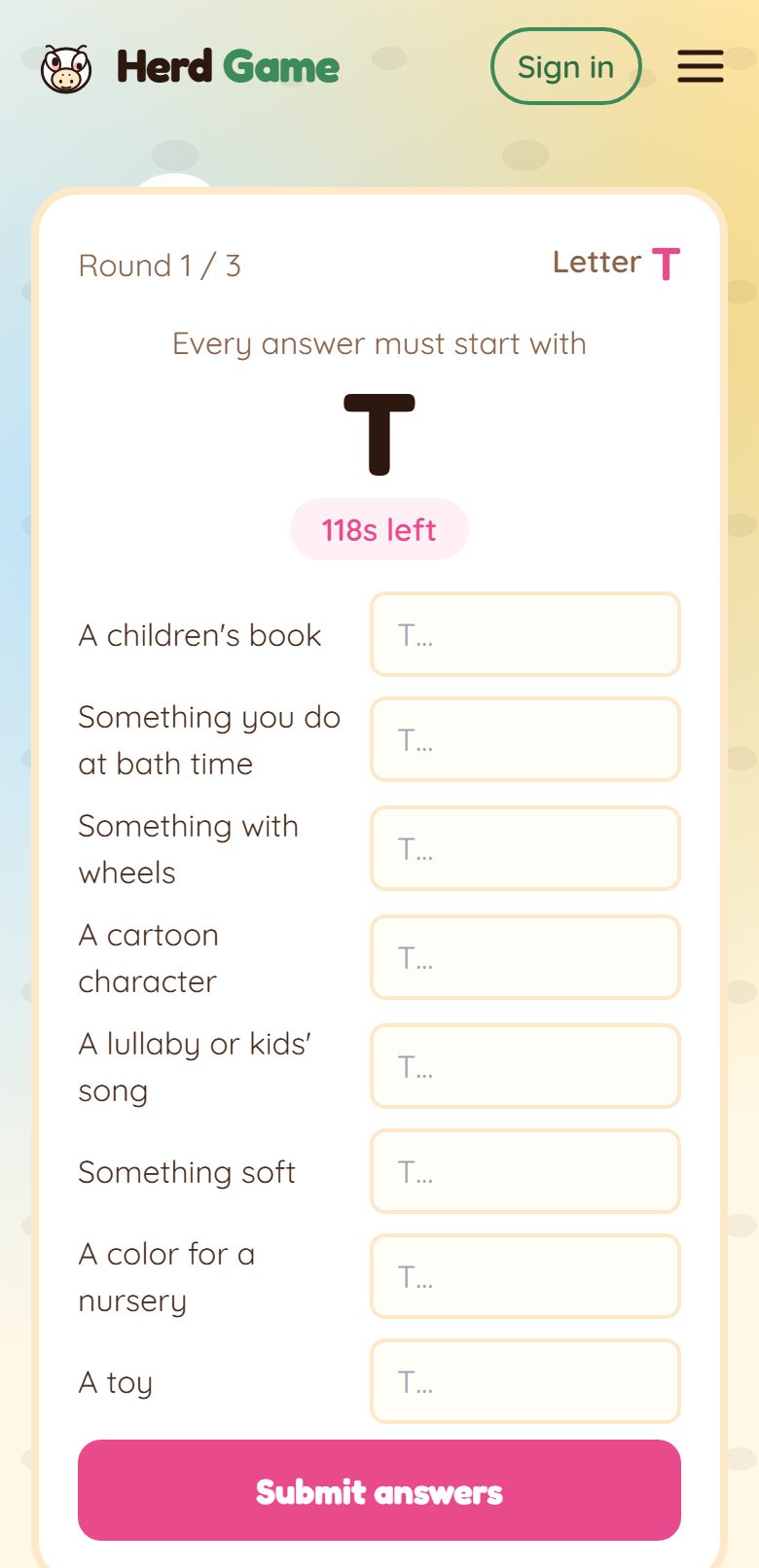 Baby Shower Scattergories on a phone: round 1 of 3 with the letter T, 118 seconds left, and eight categories such as a children's book, something you do at bath time and something with wheels, each with an answer box