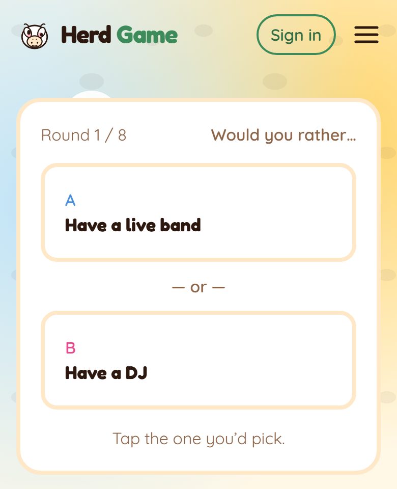Bridal Shower Would You Rather on a phone: round 1 of 8 asks whether you would rather have a live band or a DJ, with a button for each